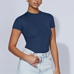 Meshki Francesca Crew Neck Short Sleeve Bodysuit Midnight Navy
